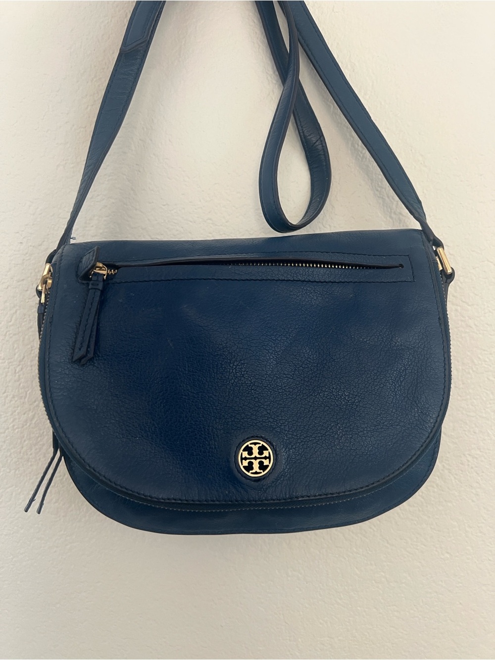 Tory Burch Deep Blue Pebbled Leather Crossbody with Gold Logo